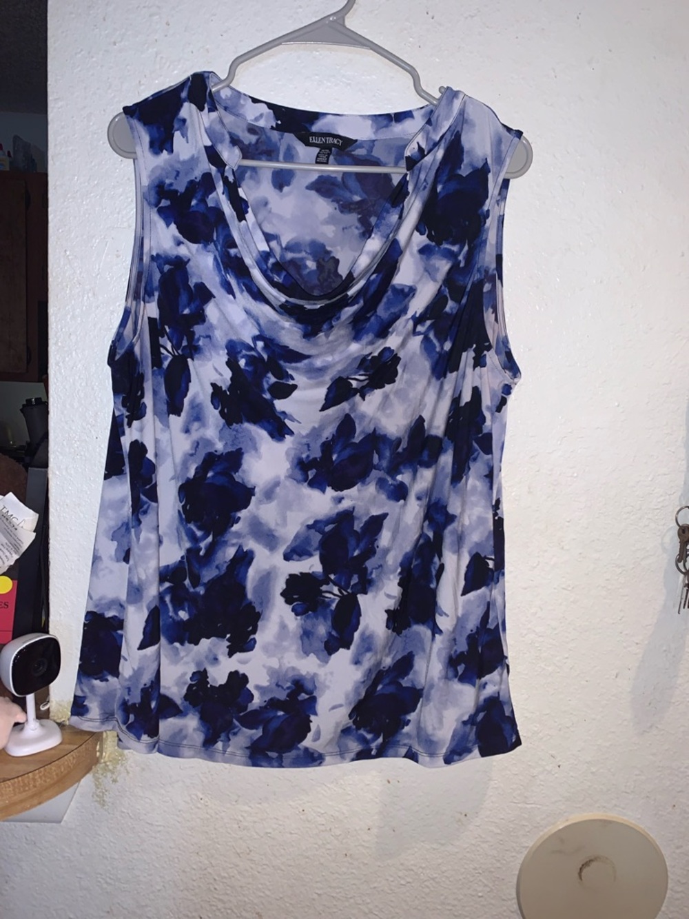 Ellen Tracy Blue and White Sleeveless Cowl Neck Blouse